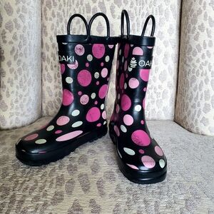 Oaki Kids Black Rain Loop Boots with Pink & White Polka Dots Size 11 Toddler